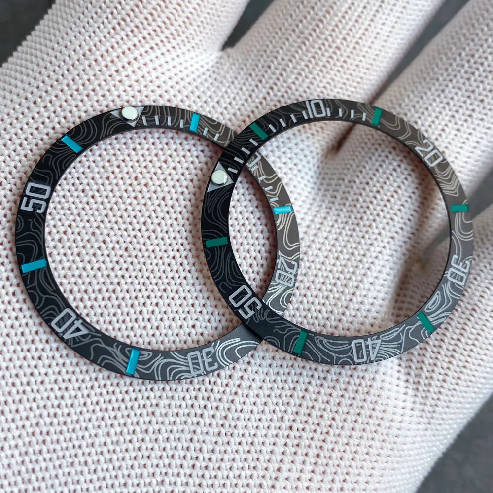 Bezel Insert Keramik Serat Karbon 38mm Desain NH35 untuk Modifikasi Jam Seiko, Manik-manik Bercahaya Hijau, Kompatibel dengan Casing Jam NH35 SUB