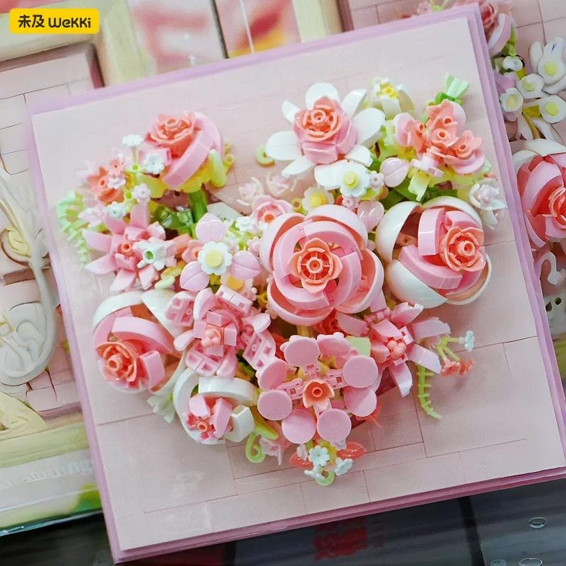 Wekki زهرة اللبنات إطار الصورة روز التجمع لغز ثلاثية الأبعاد الديكور نموذج هدية رومانسية مايكرو الجسيمات الربط الطوب