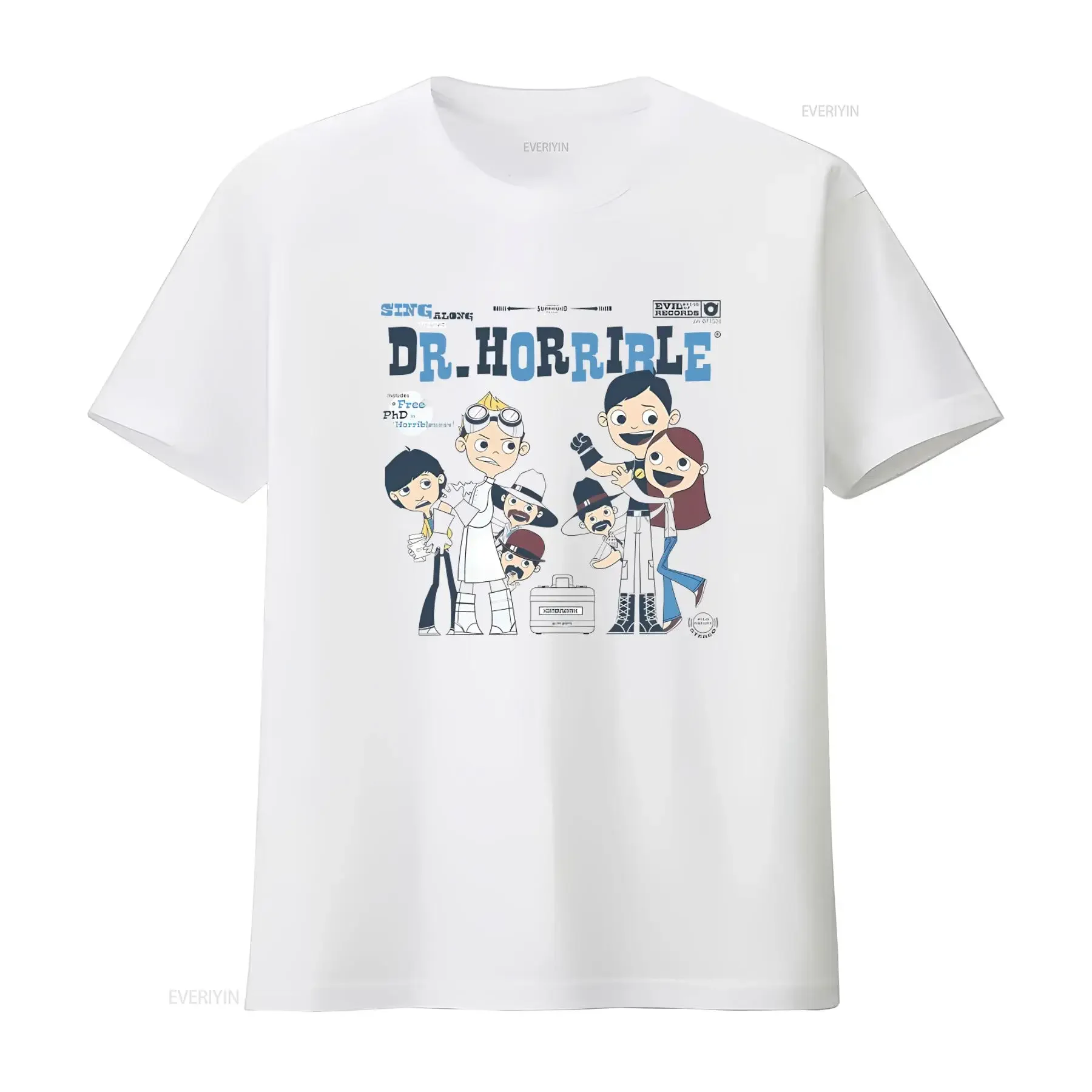Dr Horrible Sing A Long Blog Girls Juniors T Shirt Cartoon Group Design with Evil Records Logo vintage Washed Slightly fashion