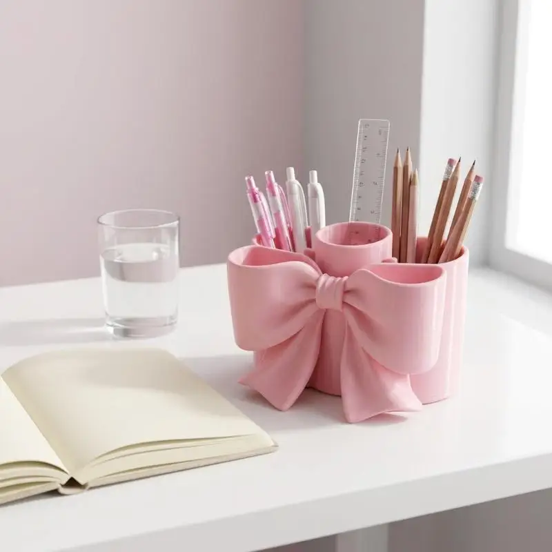 Cute Pink Bow Pen Holder, Large Capacity Multi-Slot Holder, Desktop Stationery Organizer for Desk & Office Storage