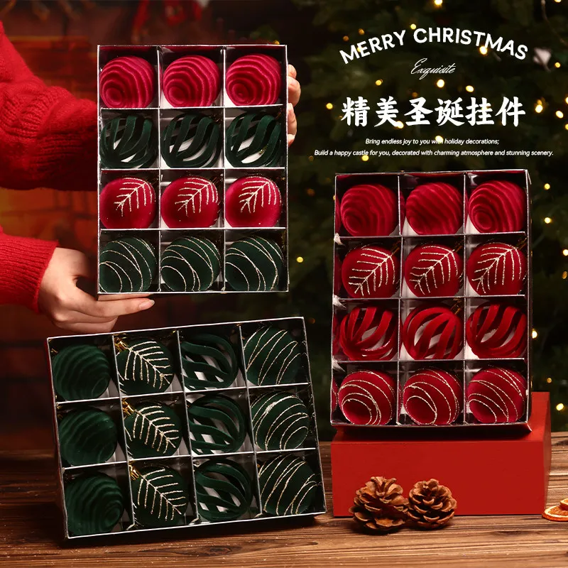 12PCS Flocked & Glitter Painted Christmas Bauble Set Premium Velvet Texture Hanging Ornaments For Home Xmas Dressing