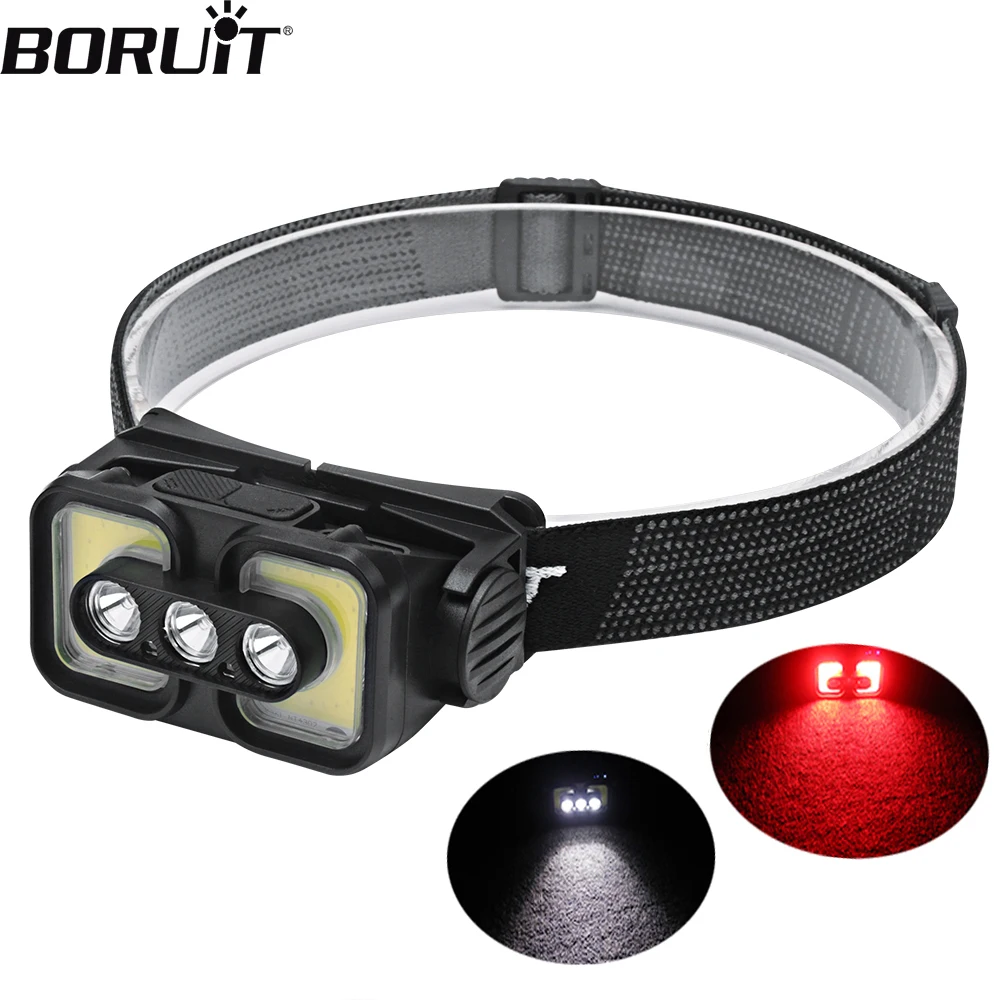 BORUiT K361 Sensor LED Headlamp XPE+COB 18650 Headlight 6-Modes Type-C Rechargeable Waterproof Fishing Headlight Camping Lantern