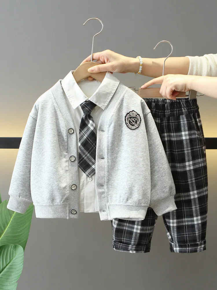 Comfortable Children's outfit Spring Autumn Boys Knitted Cardigan+Shirt+Plaid Pants 3PCS Suit Super Cute Kids Costume 2-10 Years