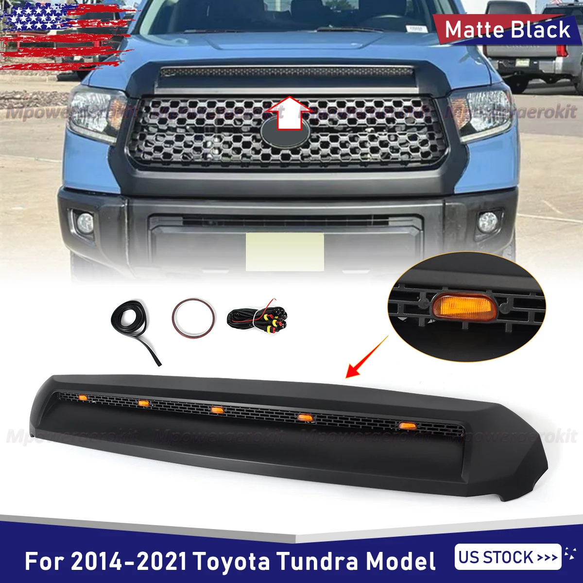 Matte Black Front Bumper Grille Hood Bulge Molding For 2014-21 Toyota Tundra Front Upper Hood Bulge Molding Grill Trim w/ Lights