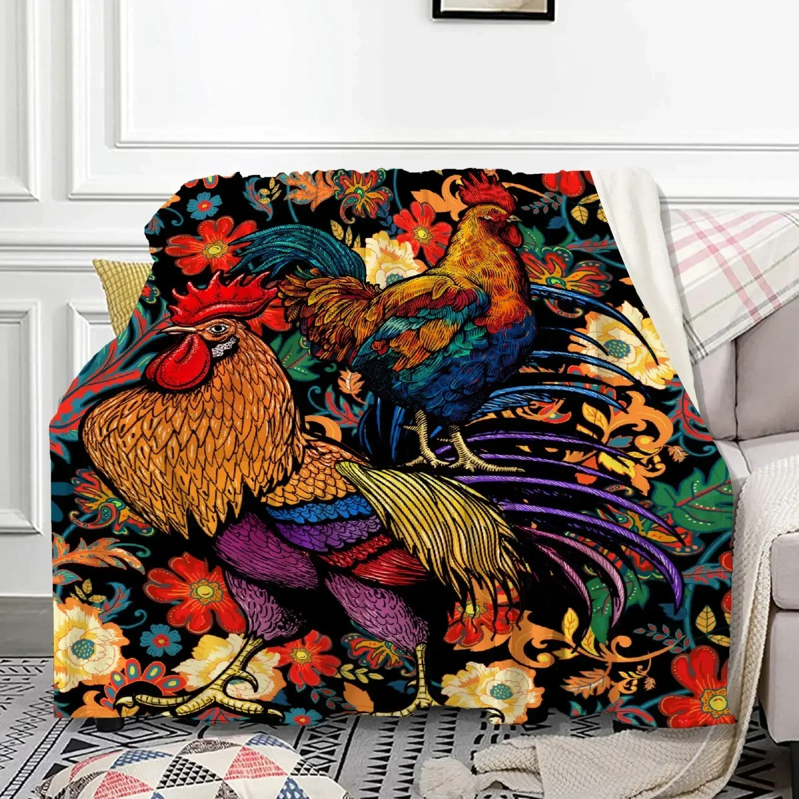 Rooster Throw Blanket Colorful Farm Cockerel Soft Flannel Blankets Lovely Farmhouse Animal Chicken Sofa Blanket King Queen Size