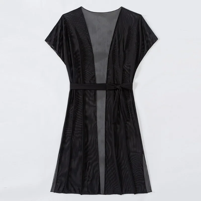 2024 Black Mesh Beach Cover Up Dress Cardigan with Knot Swimwear Cover-ups