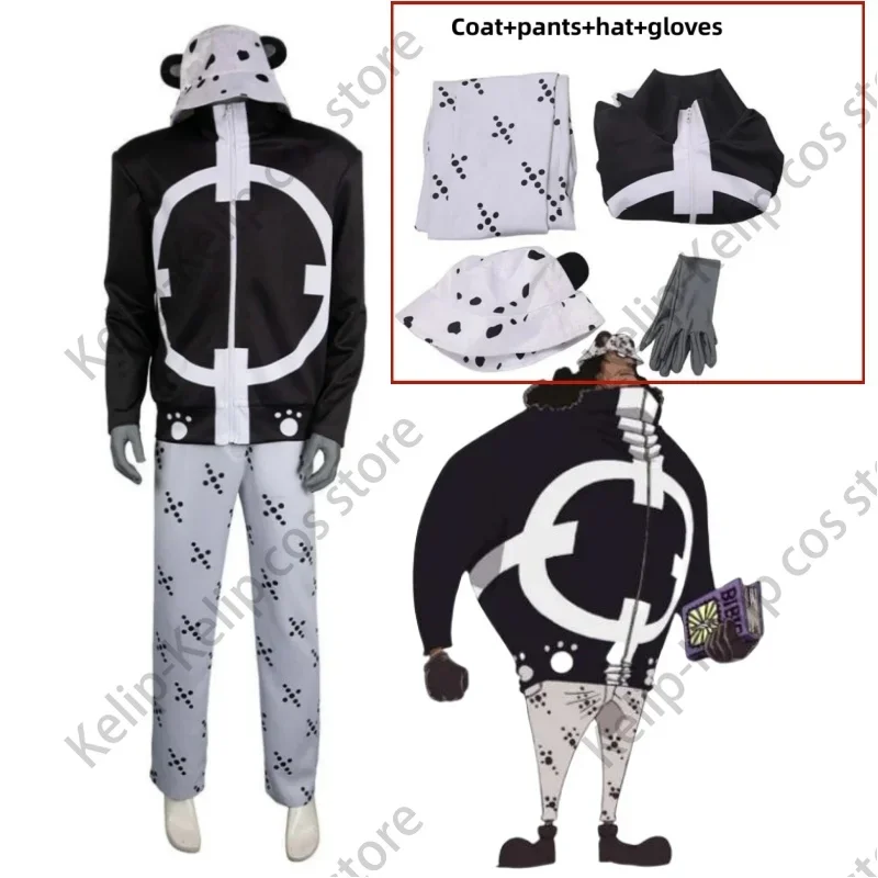 Anime Bartholemew Kuma Costume Cosplay sorbetto regno Pacifist cappotto nero cappello uniforme Set completo adulto uomo carnevale vestito di Halloween