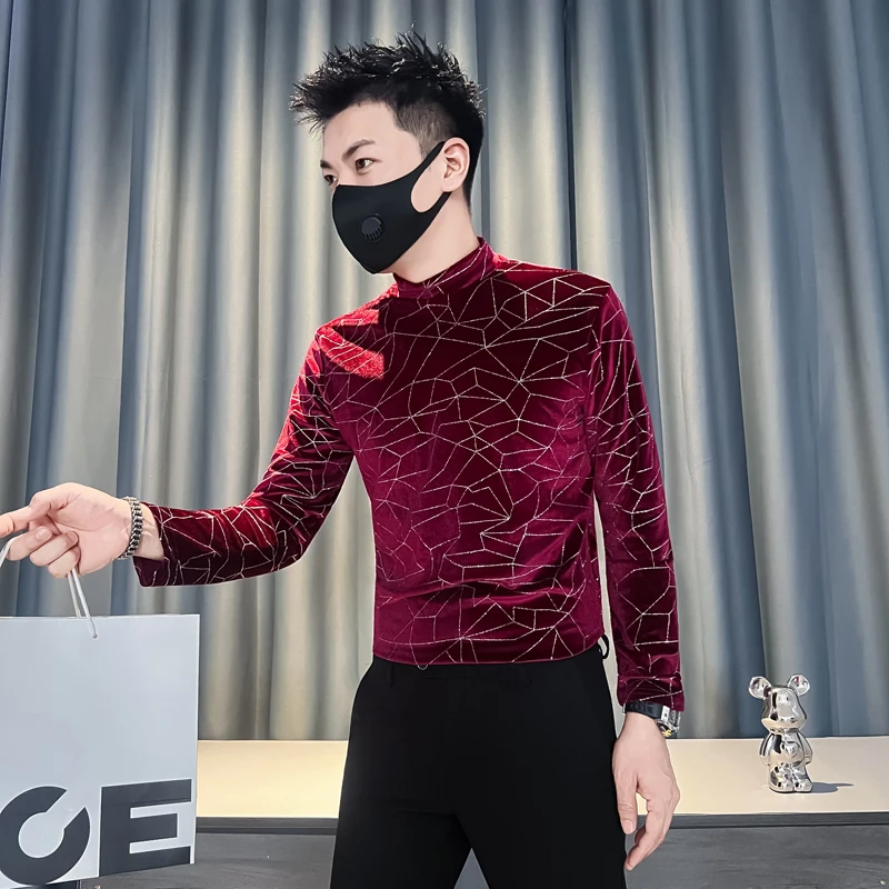 Bright Striped Slim Fit Velvet Men's T-shirt Long Sleeve  Men Tees Shirts Luxury Elegant All Match Elastic Bottoming Shirt Homme