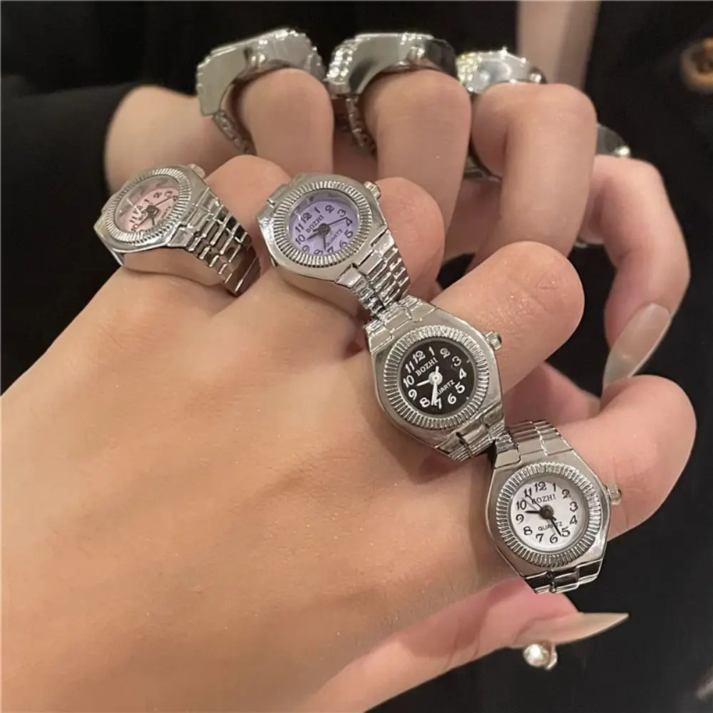 Punk Mini Finger Watch Rings Creative Elastic Strap Watches Couple Rings Alloy Roman Quartz Watch Rings