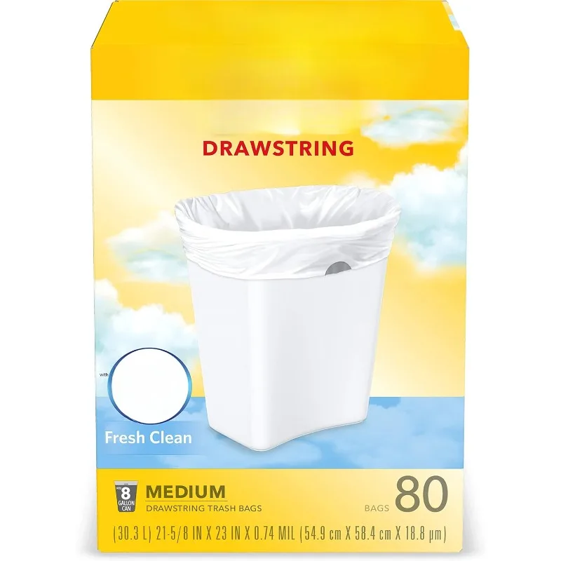 

Trash Bags, Medium Kitchen Drawstring Garbage Bags 8 Gallon White Trash Bag, Fresh Clean Scent, 80 Count (Package May Vary)