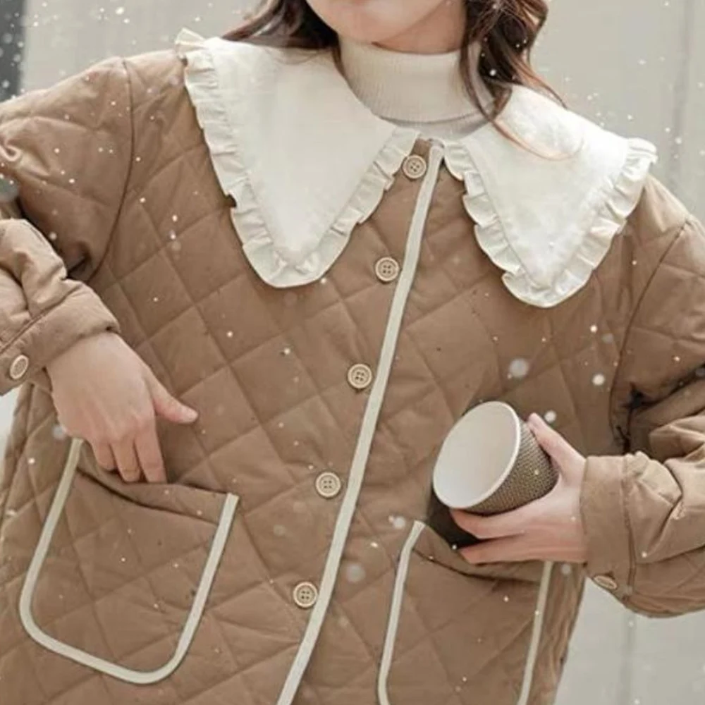 Japanese Ruffled Peter Pan Collar Cotton Padded Jacket Women Vintage Lolita Puffer Parka Winter Warm Tops Patchwork Quilted Coat