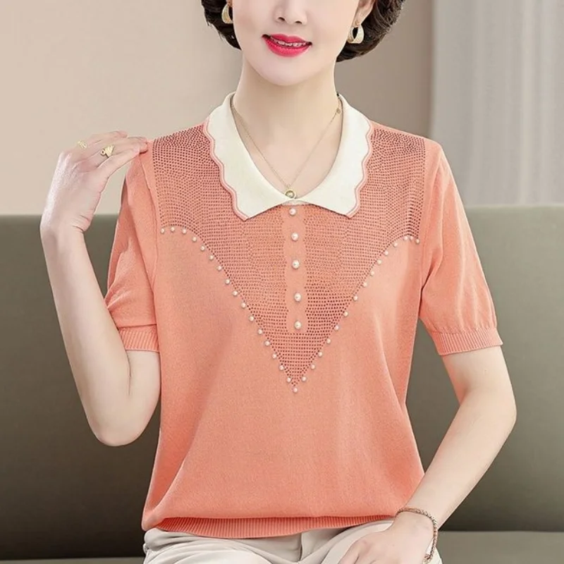 New Spring and Summer Women\'s Splicing Contrast Color Lapel Short Sleeve Loose Knitted Pullovers Hollow Out Beading Fashion Tops