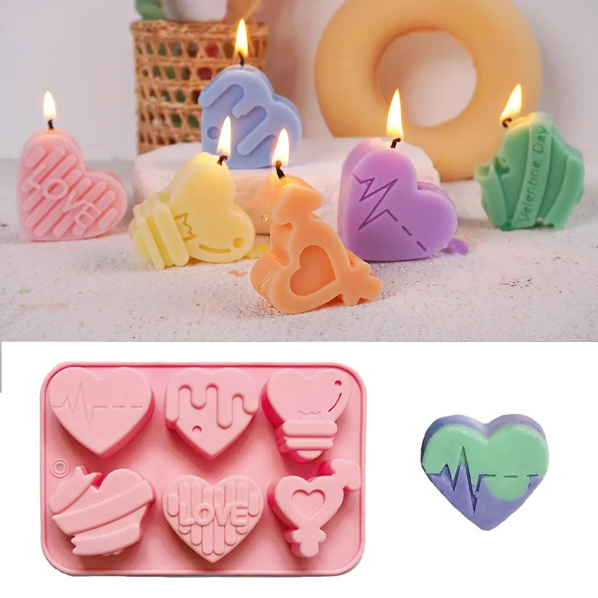 6 Holes Love Heart Candle Silicone Mold Scented Gypsum Resin Mold DIY Valentine's Day Gift Fondant Mold Baking Tools Accessories