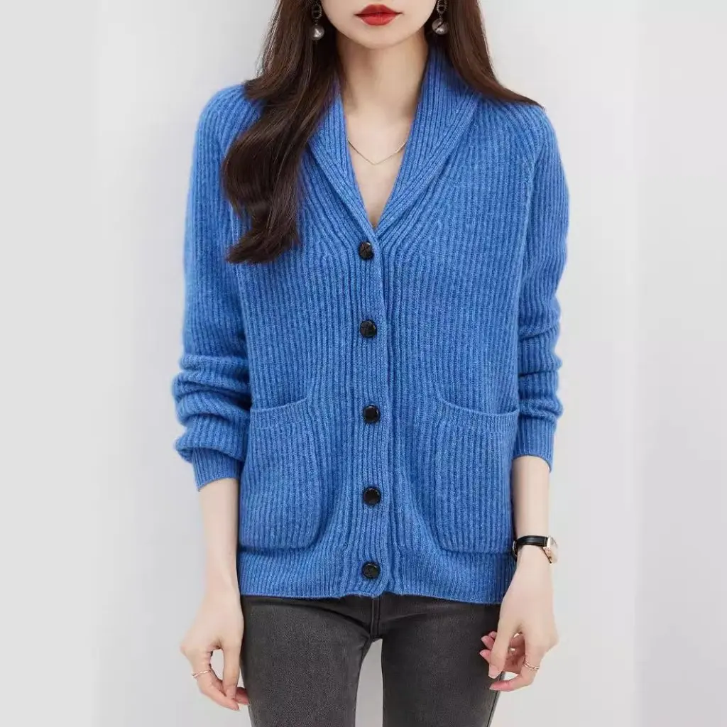 

Women's Velvet Dress Collar Knitted Cardigan Coat Autumn Winter Heavy Thickened Soft Waxy Woolen Loose Sweater Mid-Length