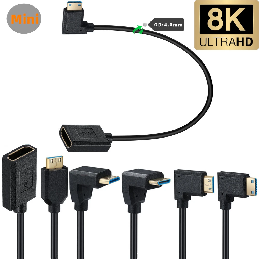 90/270 Degree Elbow 4.0MM 2.1V Super Extreme Slim High Speed Mini HDMI To HDMI Female Cable Adapter8K 60Hz 4K 120Hz Compatible