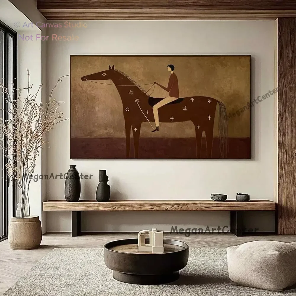 Abstract Western Horserider Handmade Brown Textured Canvas Wabi-Sabi Art Modern Rustic Decor for Western Lodge