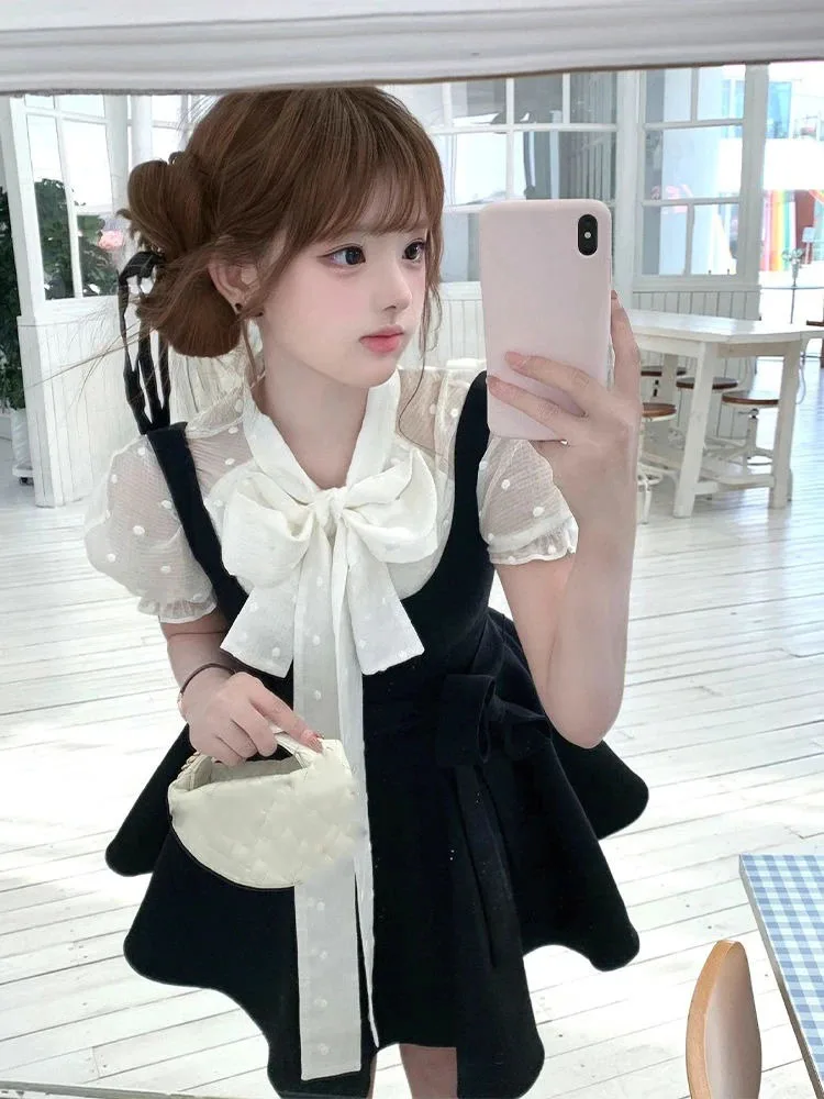 مجموعة ملابس نسائية يابانية حلوة مكونة من قطعتين فستان قصير سهل الارتداء ​ + بلوزة صيفية بفيونكة منقطة Y2k بدلة Jk جمالية