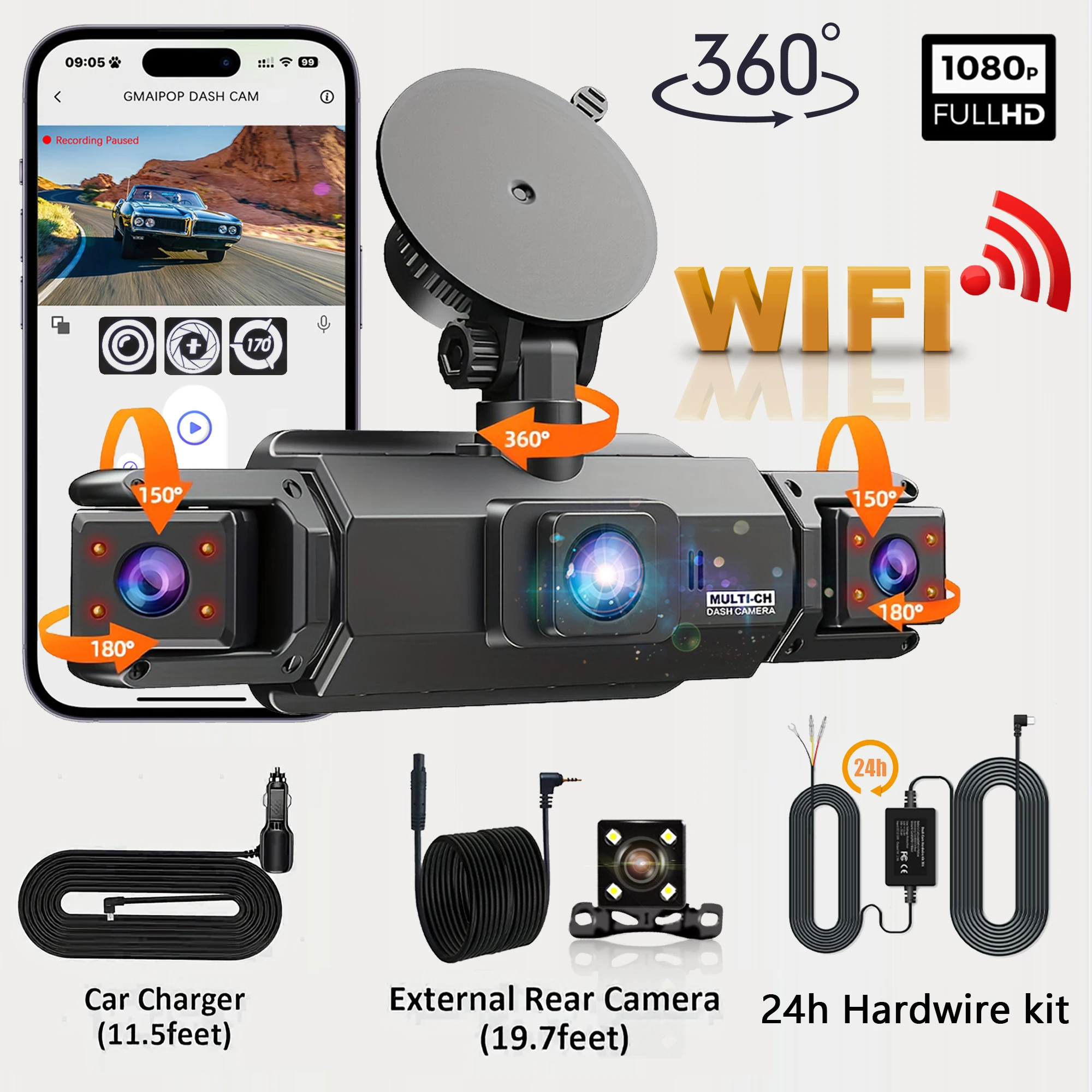 Dashcam voor auto's 4 Kanaals Black Box WiFi Rijden Camera FHD 1080 P Nachtzicht Loop Recording voeg Hardwire kit auto accessoires