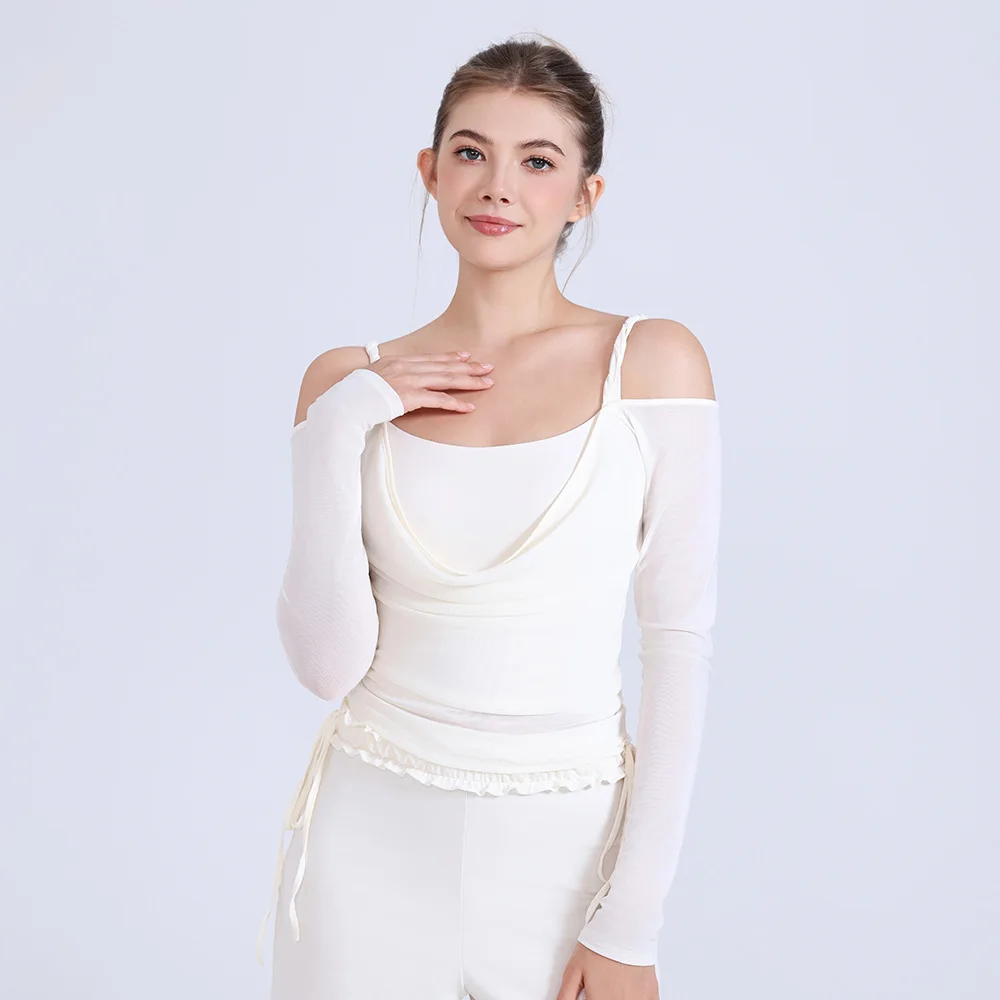 Mesh Off-the-shoulder Yoga Clothes, Long-sleeved Running, Quick-drying Sports Bra Integrated