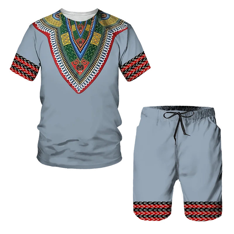 African Style Totem Print Men\'s Round Neck Tracksuit Sets Summer T-Shirt Shorts 2pcs Set Oversized Pullover Fashion Men Clothing