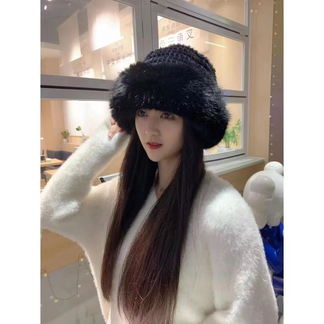 Women Thicken Plush Bucket Hat Large Size Winter Warm Rabbit Fur Hats for Women Flat Top Panama Outdoor Fisherman Caps Gorras