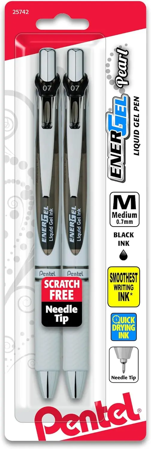 

Pearlized Retractable Gel Pen, 0.7mm Needle Tip, Black Ink, 2-Pack