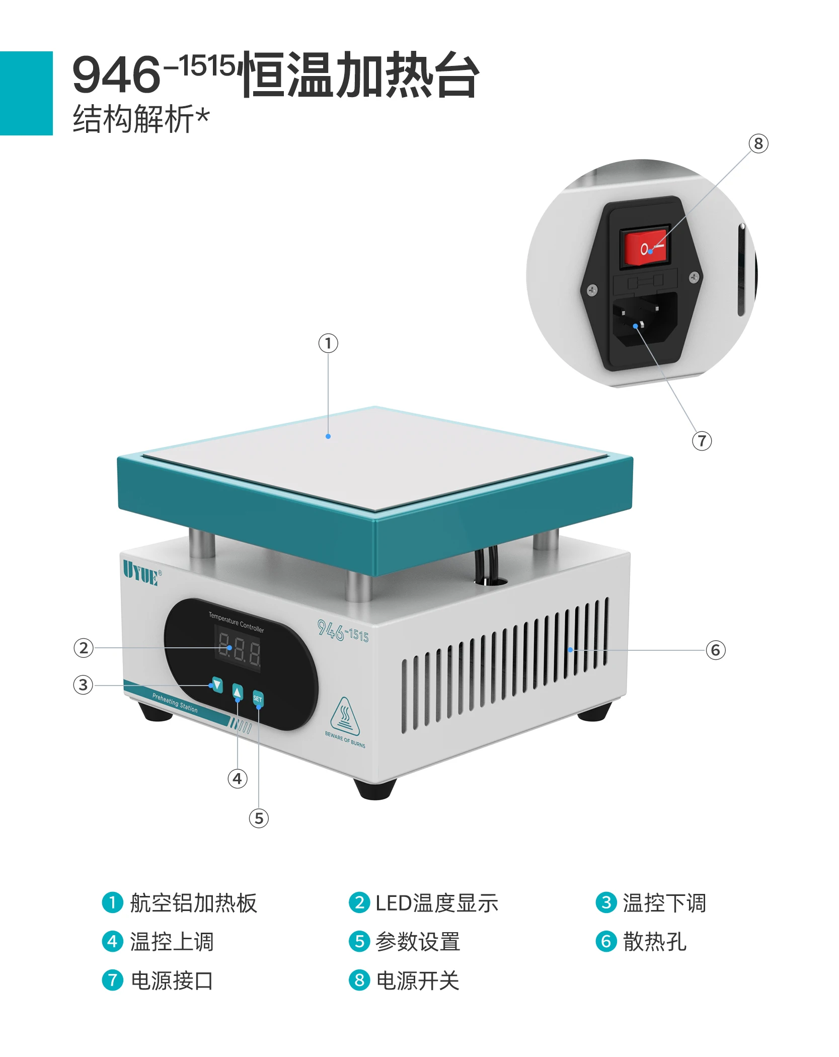 UYUE 946-1515 150mm*150mm Heating Table Intelligent PCB Preheating Platform 600W For BGA PCB SMD Phone LCD Touch Screen Repair