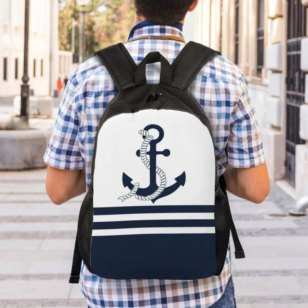 Nautical Blue Anchors With Blue White Stripes Travel Backpack School Laptop Bookbag Sailing Sailor College Student Daypack Bags