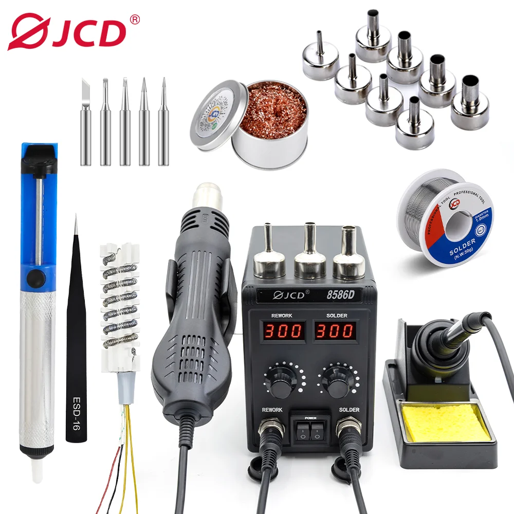 

JCD 750W Soldering Station 2 IN 1 Hot Air Gun LCD Dual Digital Display Electric Soldering Iron SMD Welding Rework Station 8586D