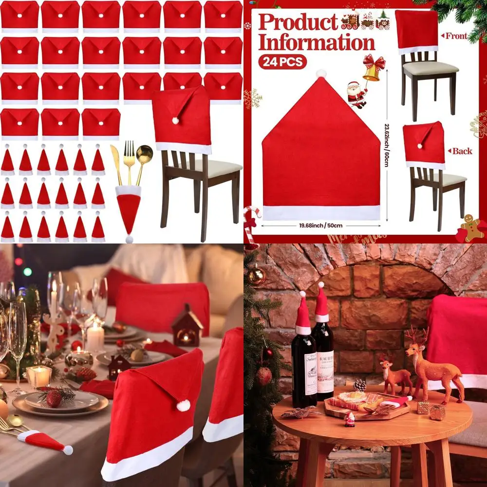 

48-Piece Christmas Chair Covers & Santa Hat Silverware Holders - Festive Red Slipcovers for Holiday Dining Room Decor
