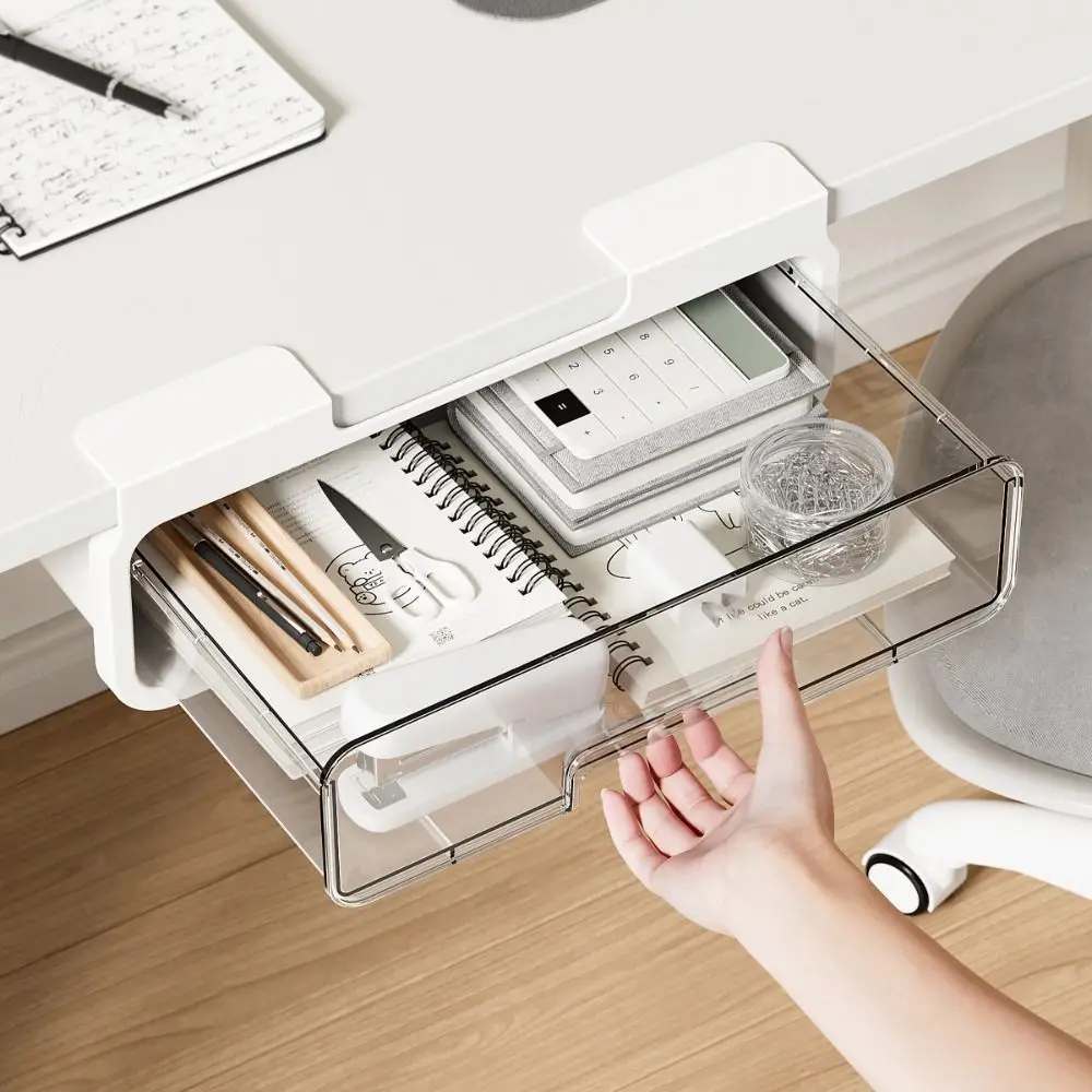 White Punch Free Storage Drawer Box Stationery Tray Desk Visible Under Desk Stand Self-adhesive Under-drawer Storage Box