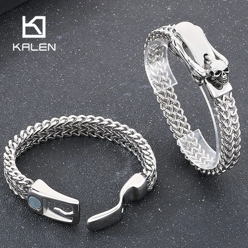 Men Accessories Bd - 男性用二列スケルトンチェーンブレスレット,厚い頭蓋骨のデザイン,光沢のあるアクセサリー,トレンディなジュエリー,316lステンレス鋼