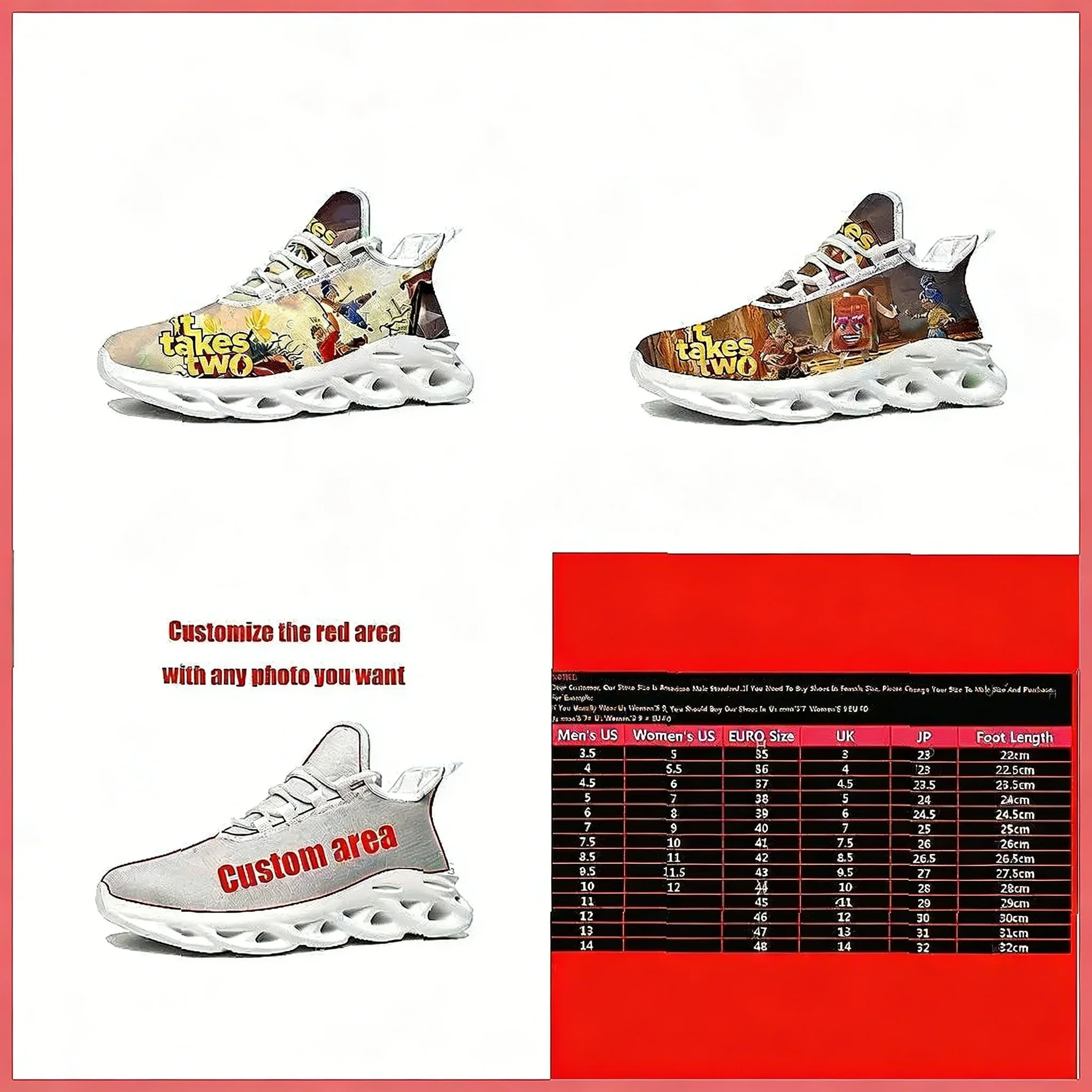

Custom It Takes Two Sneakers, Cartoon Game Sports Running Shoes for Men & Women, Fashion Lace-Up