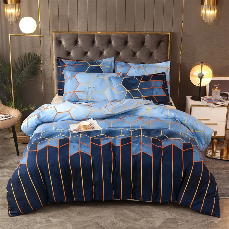 Set copripiumino blu, copripiumino di lusso geometrico 3 pezzi, Set di biancheria da letto in oro dorato con diamante a nido d\'ape blu con cerniera