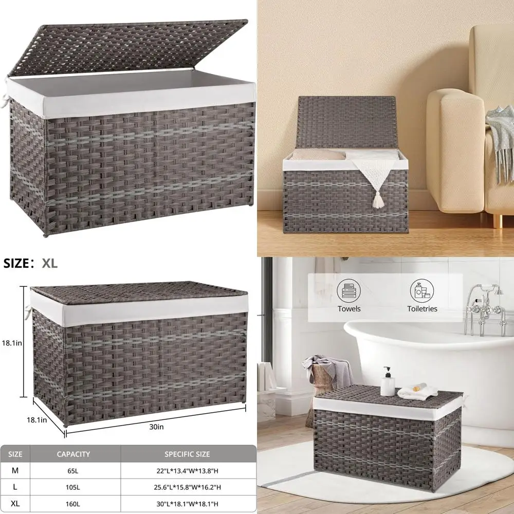 

Grey Foldable 160L Synthetic Wicker Storage Basket with Removable Liner and Lid for Living Room