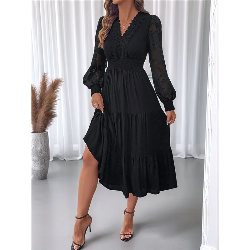 FX-Vestido de manga larga para mujer otoño cuello en V Aline primavera elegante modesto fluido invitados de boda Maxi vestidos