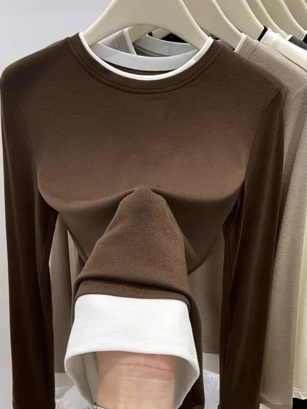 New Self-Heating Long Sleeve round Neck T-Shirt Women's Base Shirt Color Block Autumn Winter Spring Fashion Inner Wear Top