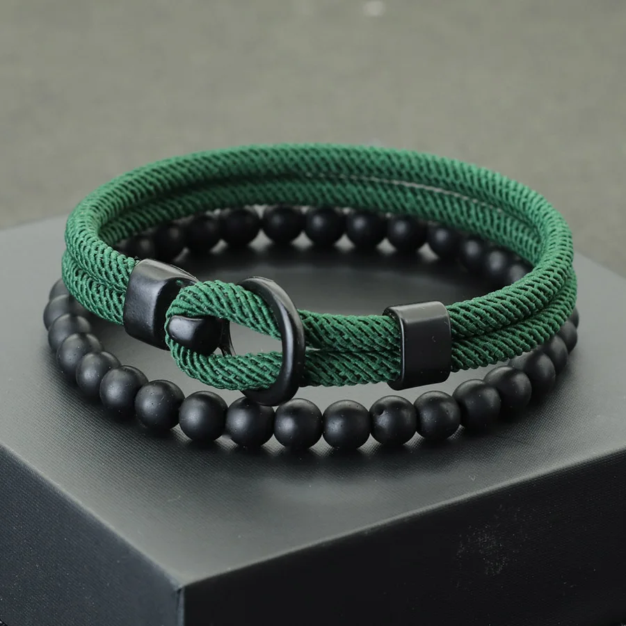 Charm 2Pcs/set Men Bracelet Apparel Accessories Bilayer Handmade Nylon Rope Braslet 6mm Onyx Stone Strand Braclet Homme Jewelry