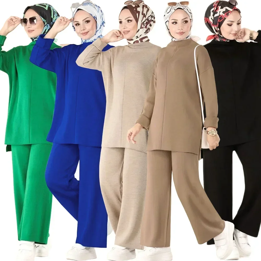 

2 Piece Women Knitted Set Sweater Tops Wide Leg Pants Knitwear Blouse Muslim Dress Abaya Dubai Kaftan Islamic Clothing Winter