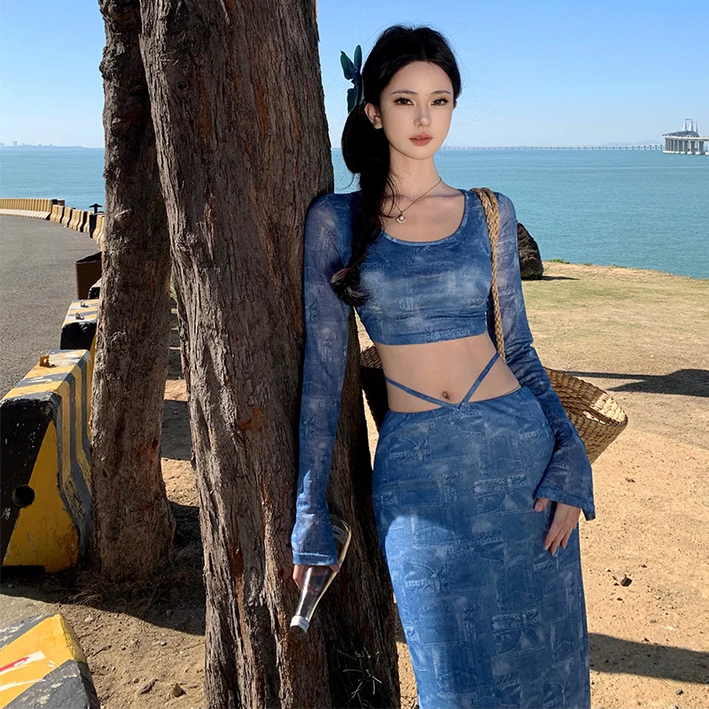 

Fashion O-neck Long Sleeves Tops Mini Skirt Suit Women Mesh T-shirt Lace Up Skirts New Summer Female 2 Piece Set Outfits