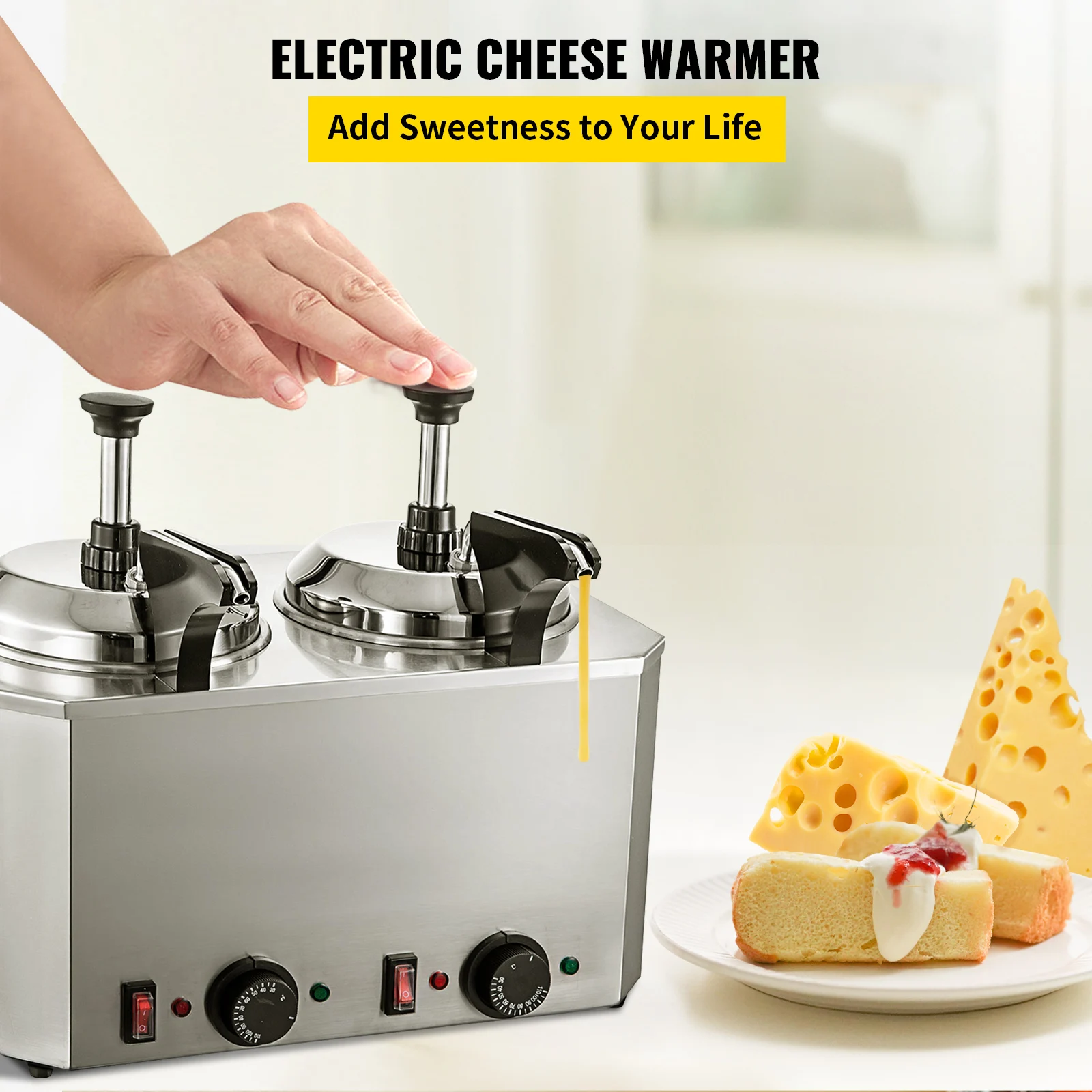 VEVOR Cheese Warmer with Pump, 5.28 Qt Capacity Cheese Dispenser Hot Fudge Warmer, Dual Head Spout Heater 1300 W Cheese Warmer