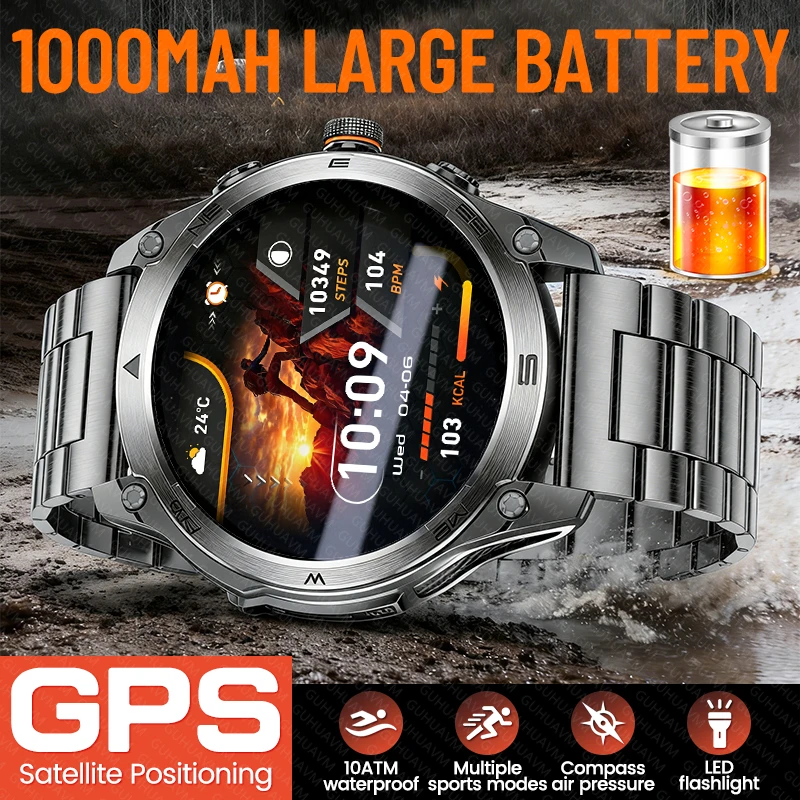 

Новые военные умные часы с GPS для мужчин, аккумулятор 1000 мАч, компас, водонепроницаемость 10ATM, Bluetooth, спортивные умные часы с функцией звонков для Android и IOS телефонов