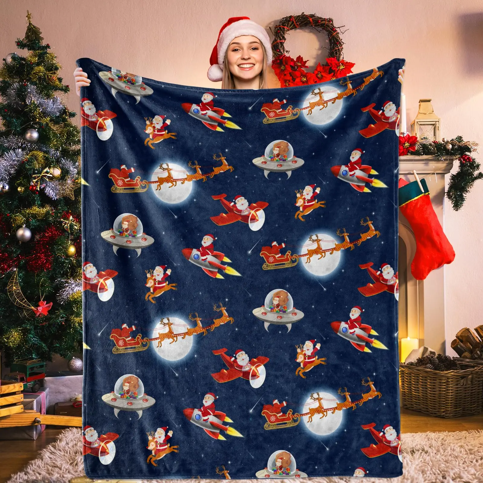 KACISSTY Christmas Flannel Blankets Cartoon Santa Rocket Printed Bed Throws Lightweight Quilts Kids Festival Gifts Dropshipping