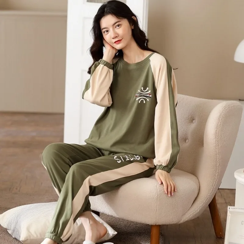 

High Grade Pure Cotton Pajamas for Women Long Sleeved Loose Oversized Can Be Worn Out As A Sporty All Cotton Home Clothing Set