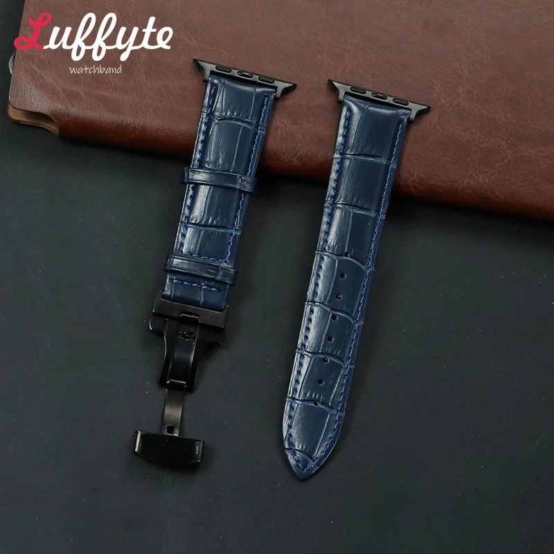 Armband mit Schmetterlingsschnalle für Apple Watch 38/40/41/42/44/45/46/49 mm, Business-Lederarmband für iwatch 11-1 Ultra SE 3 2 1