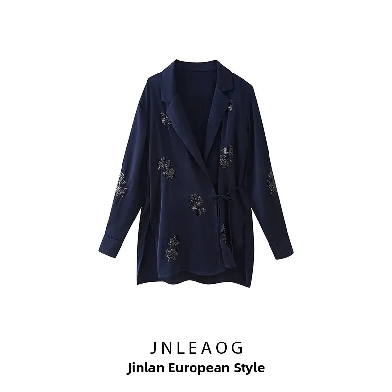 ZBZA Novo Casaco F de Verão em Tricô com Lantejoulas Brilhantes e Cinto, Estilo Urbano, Manga Longa, Tecido de Poliést...