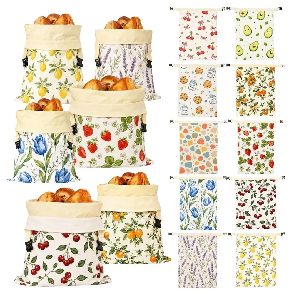 Linen Cotton Beeswax Bread Bags Lock Closure Removable Inner Bag Bread Storage Bag Fruit Pattern Sourdough Bread Bag Kitchen Use