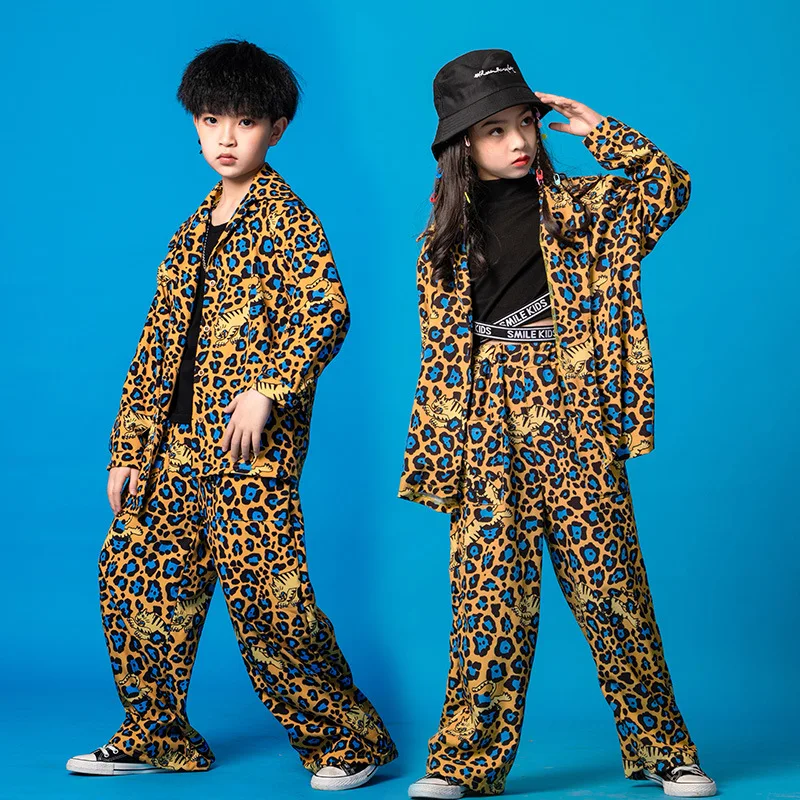 Boys Street Dance Leopard Shirt Girls Casual Pants Hip Hop Print Streetwear Suits Kids Jazz Outfits Teens Stage Costume Clothing