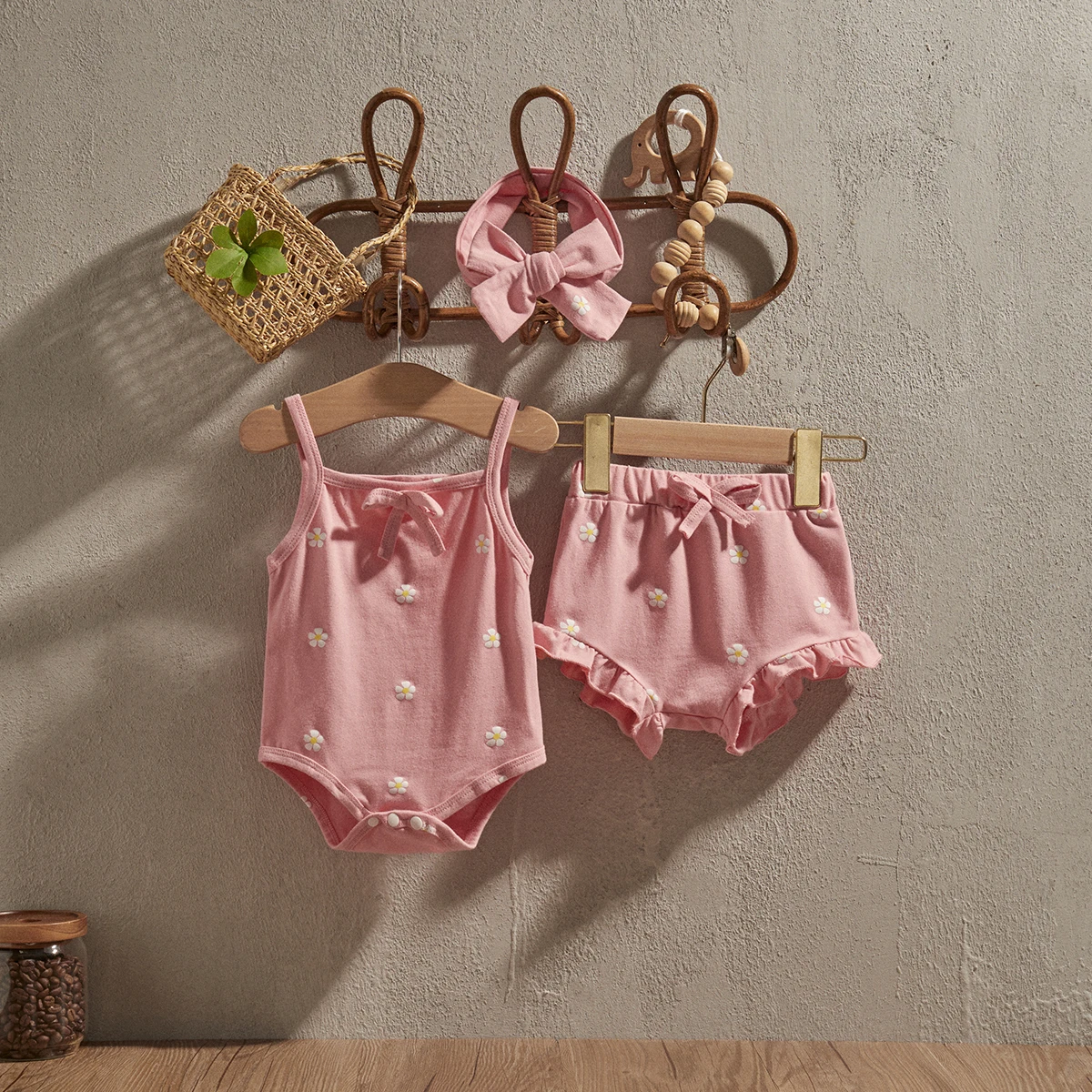 EWODOS Baby Girls Outfit 0-18Months Infant Sleeveless Bow Romper + Ruffle Shorts + Headband Summer Pink 3Pcs Set Newborn Clothes