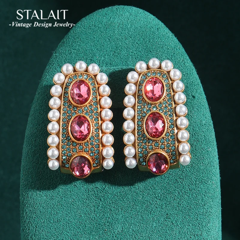 

Vintage Enamel Pink Earrings For Girls Gold Color Palace Crystal Pearl Woman Luxury Designer Antique Jewelry Accessories Wedding